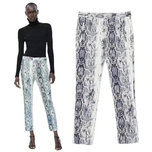 Zara Faux Snakeskin Pants Ankle Trousers Gray White Size Small - Picture 1 of 16